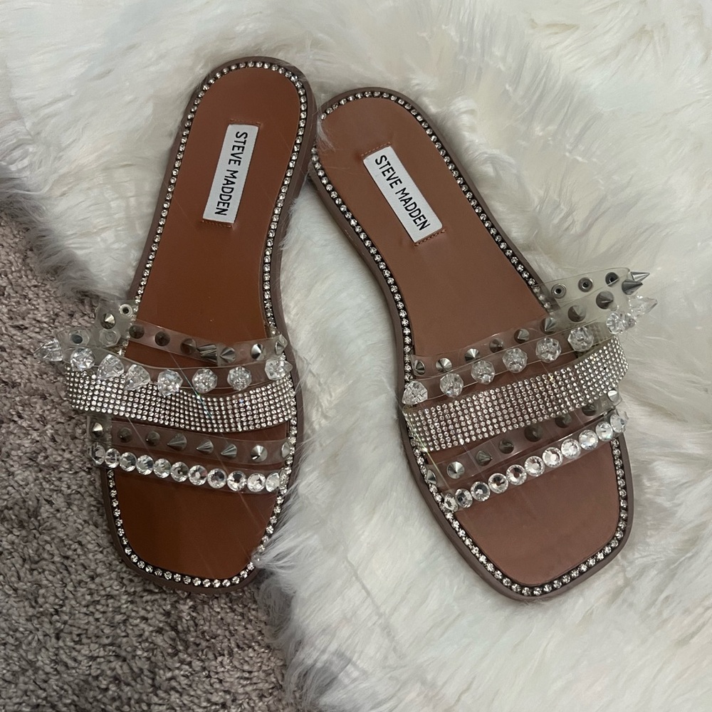 Steve Madden Women’s Brown Crystal-Embellished Slide Sandals